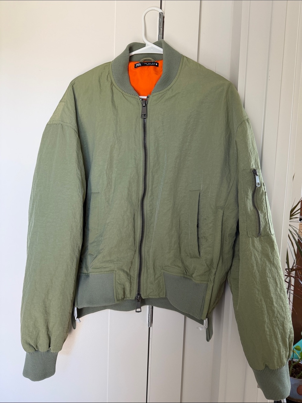 Zara Olive Green Bomber Jacket with Orange Lining